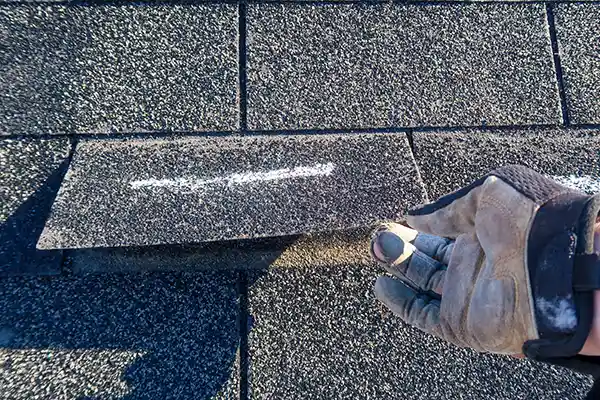 Worker lifting up a marked roof shingle